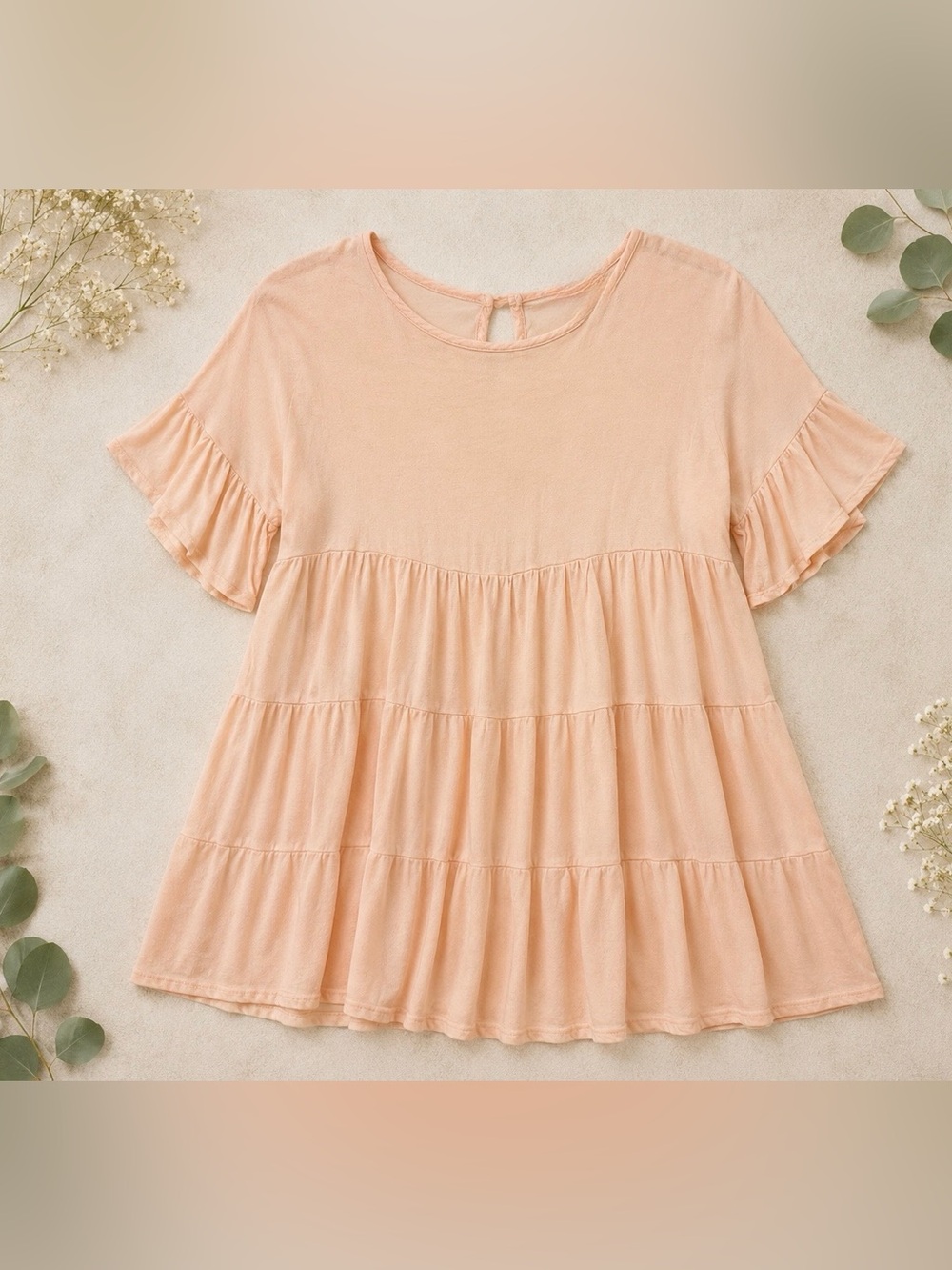 Adara Peach Tiered Babydoll Top Medium | Ruffle Sleeve Blouse